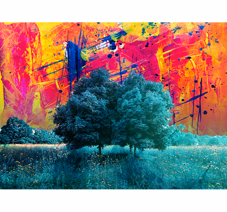 Living room blind colorful field landscape with trees - TenStickers