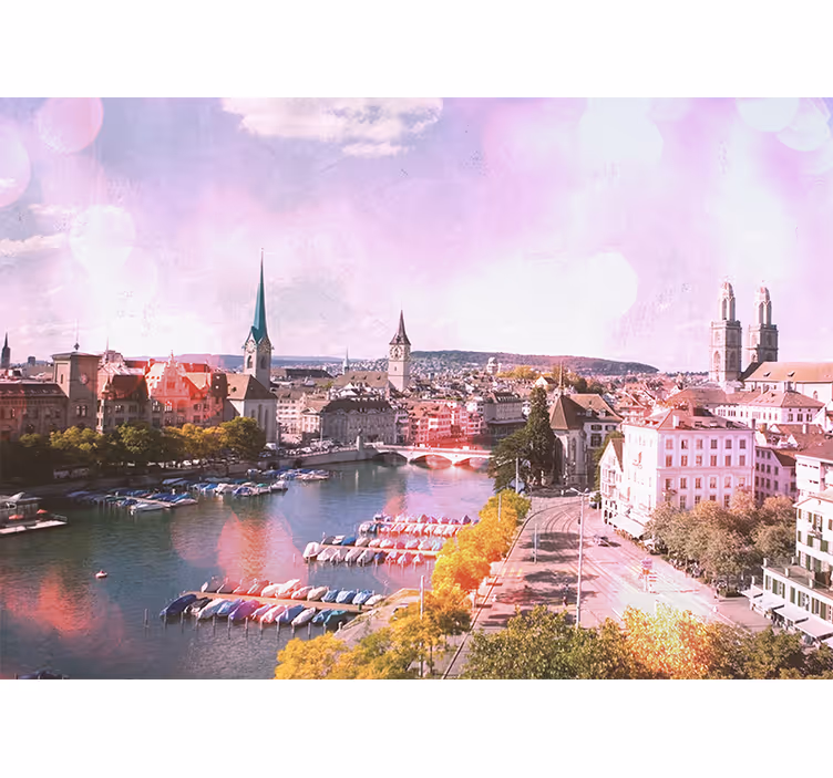 Living room blind with zürich houses and lake view - TenStickers