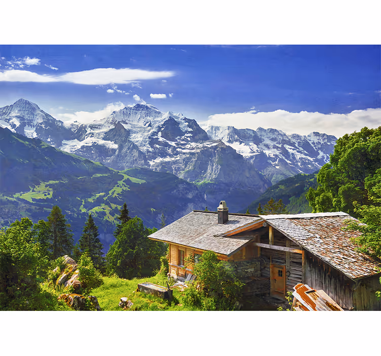 Living room blind grindelwald snowy mountains green field - TenStickers
