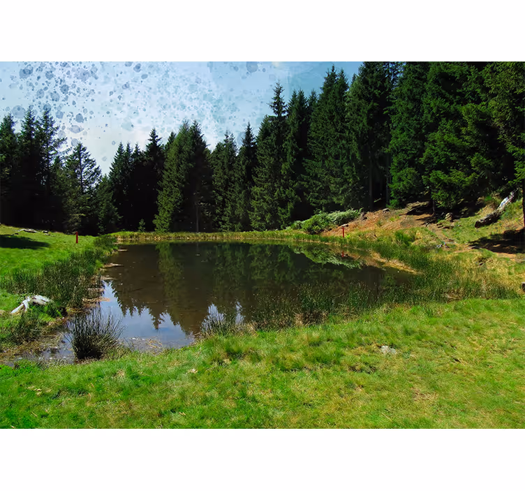 Living room blind green meadow with trees and lake - TenStickers
