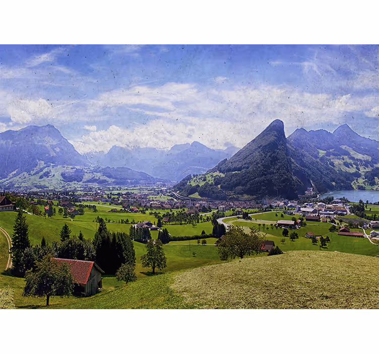 Living room blind houses on green fields with mountains - TenStickers