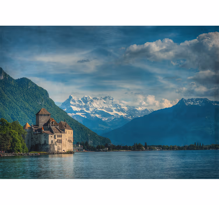 Living room blind castle by the lake with mountains - TenStickers