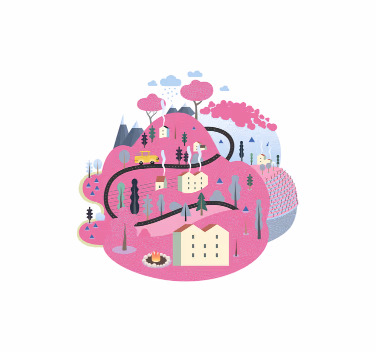 Blind children in pink mountains with houses - TenStickers
