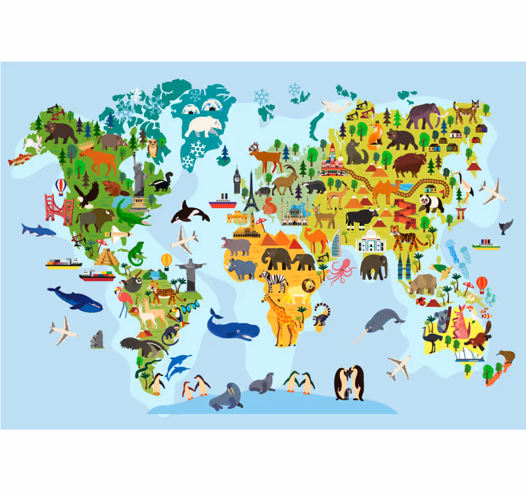 Children's world map roller blind with landmarks and animals - TenStickers