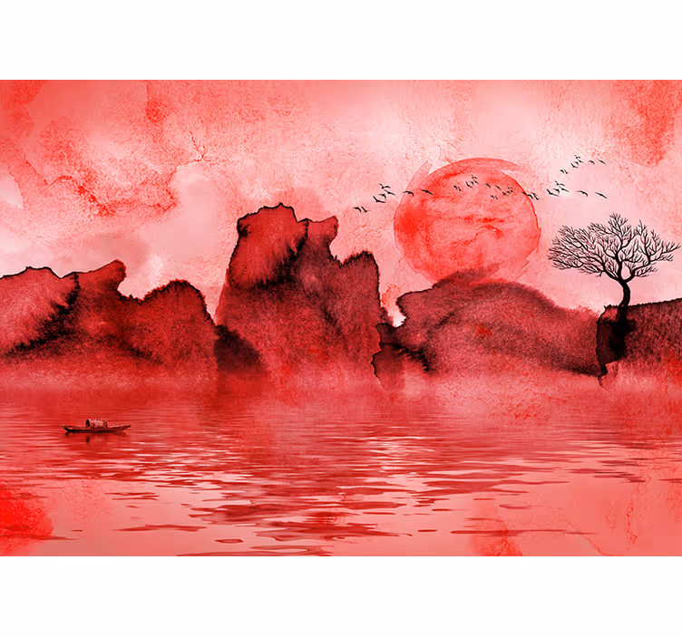 Red blind with chinese ink landscape design - TenStickers