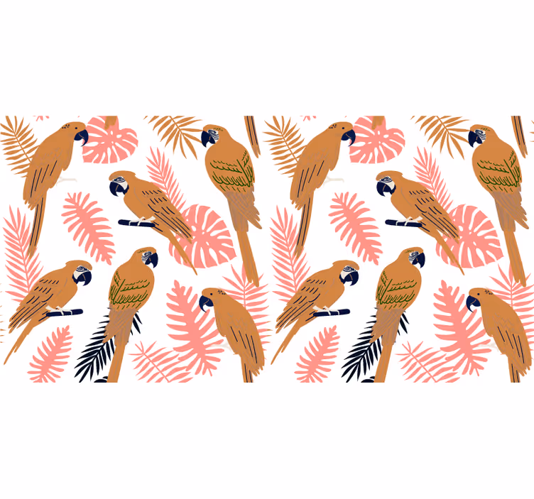 Jungle wall mural orange parrots with pink flowers - TenStickers