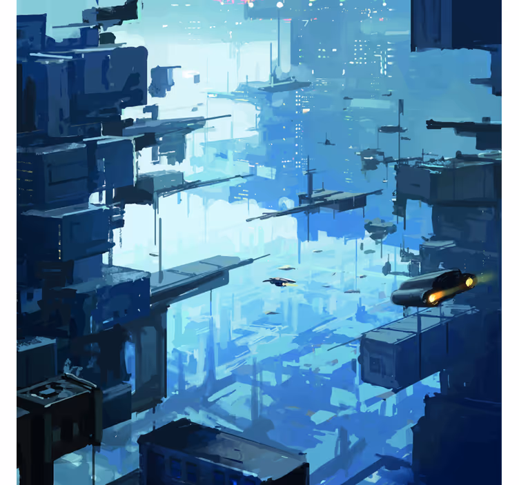 Wall mural blue futuristic city with spaceships - TenStickers