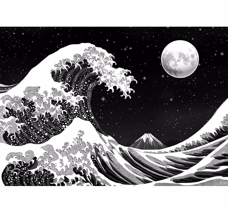 Black wall mural japanese kanagawa wave at night - TenStickers