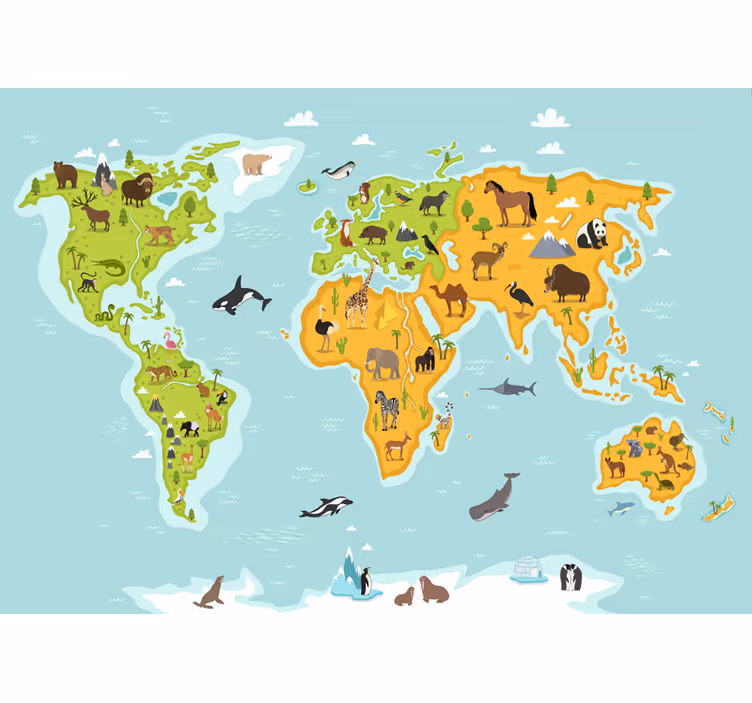 Animal world map wall mural - TenStickers