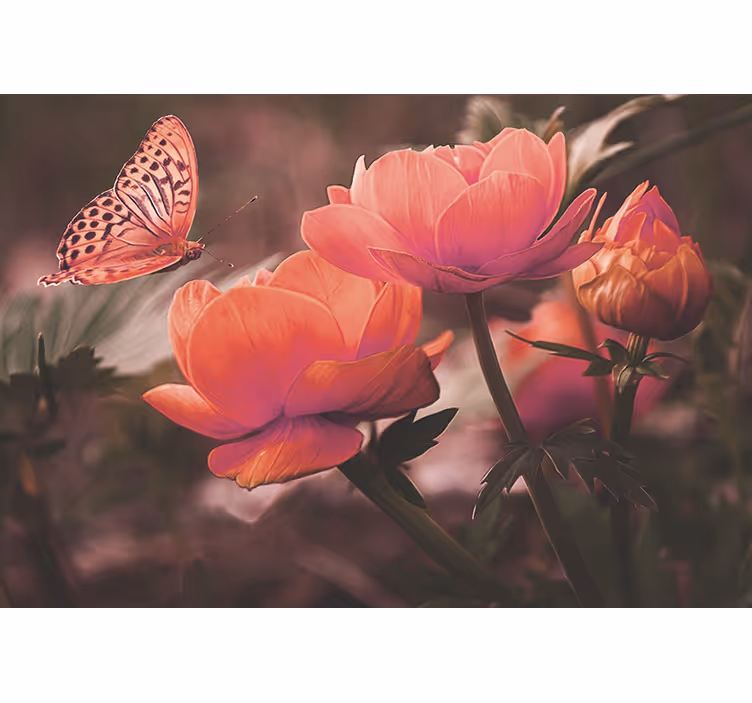 Flower wall mural butterfly above blossoms - TenStickers