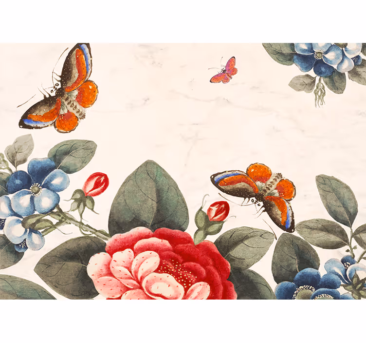 Flower wall mural with fluttering insects and blossoms - TenStickers