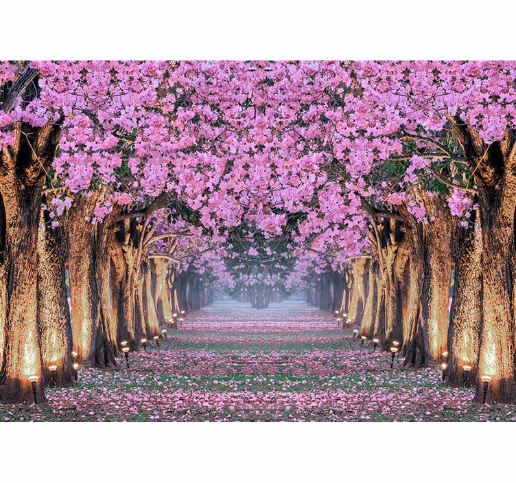 Path with trees and pink flowers Wall Mural - TenStickers
