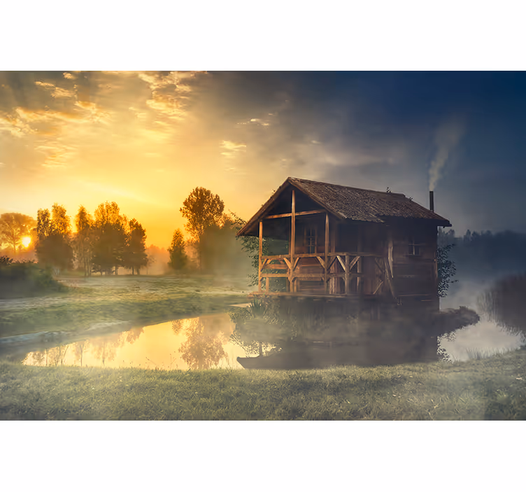 Serene cabin sunset landscape wall mural - TenStickers