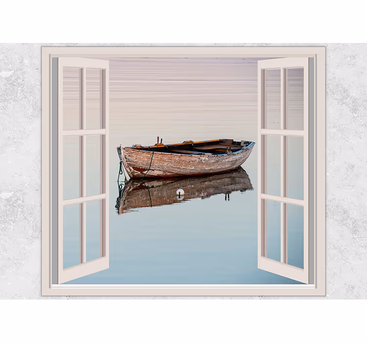 Lake wall mural rustic boat reflection - TenStickers