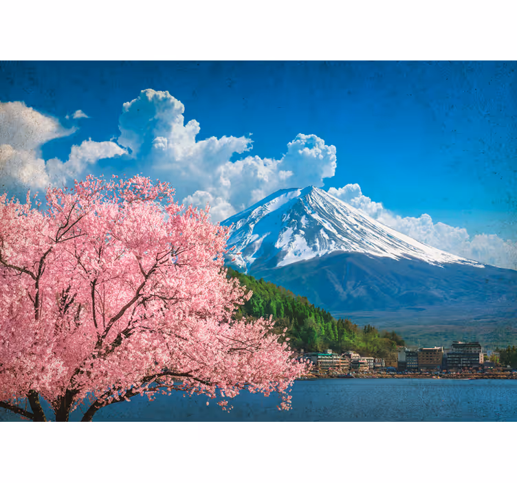 Landscape wall mural mountains and cherry blossoms - TenStickers