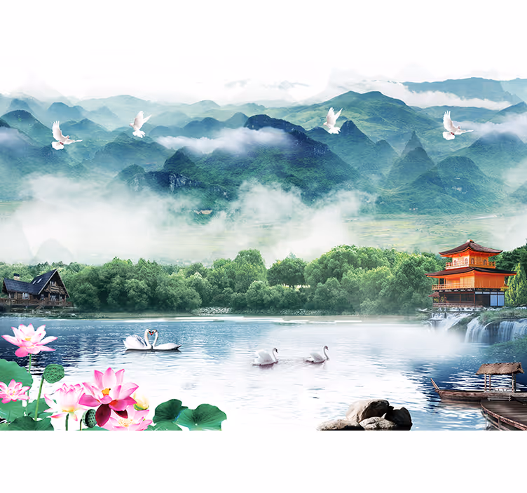 Asian mountains with birds Mountain wall mural - TenStickers