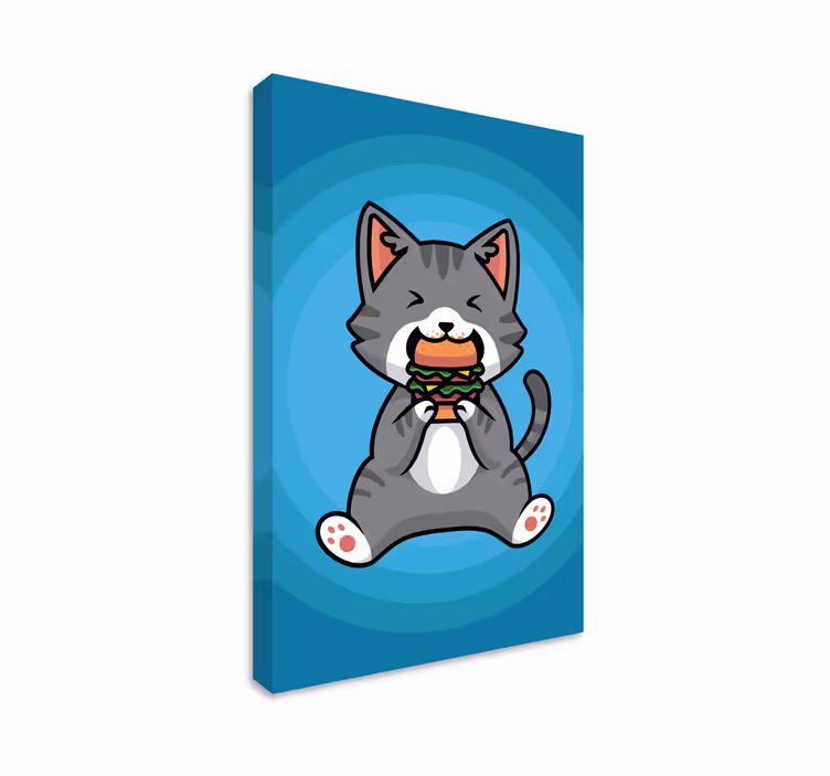 Cat wall art of a cat eating a hamburger - TenStickers
