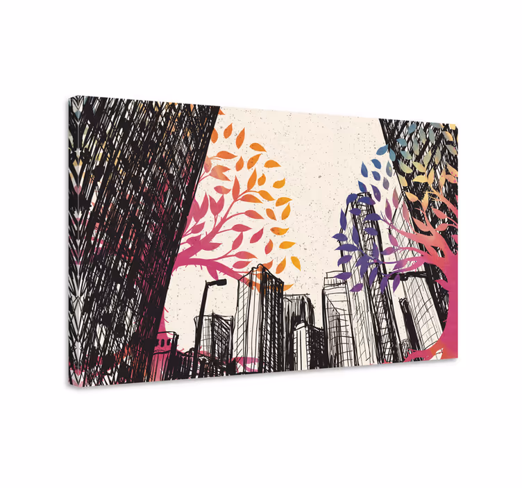 Multi season trees skyscrapers 3D canvas prints - TenStickers