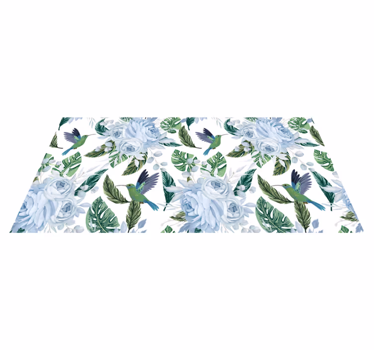 Flower rug featuring blue garden flowers and birds - TenStickers