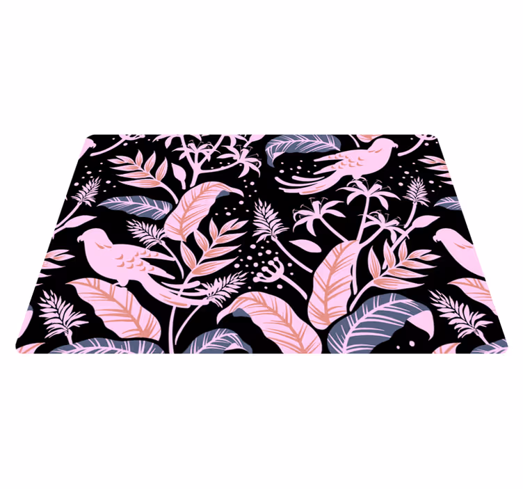 Floral vinyl rug with black and pink birds on leaves - TenStickers