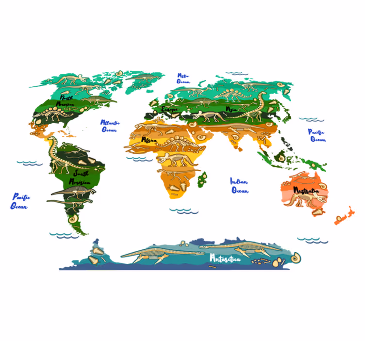 World map vinyl rug with english dinosaur names - TenStickers