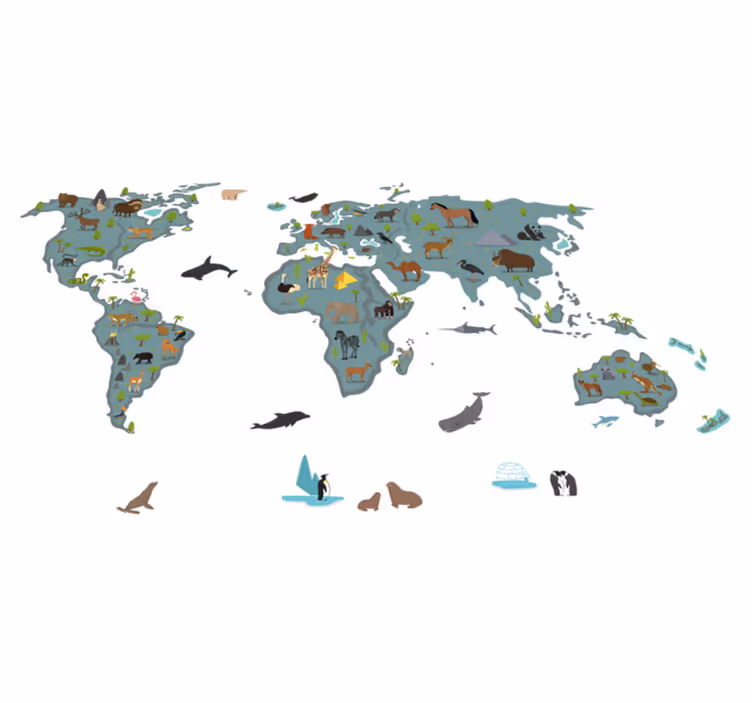 World map vinyl rug with playful animals and trees - TenStickers