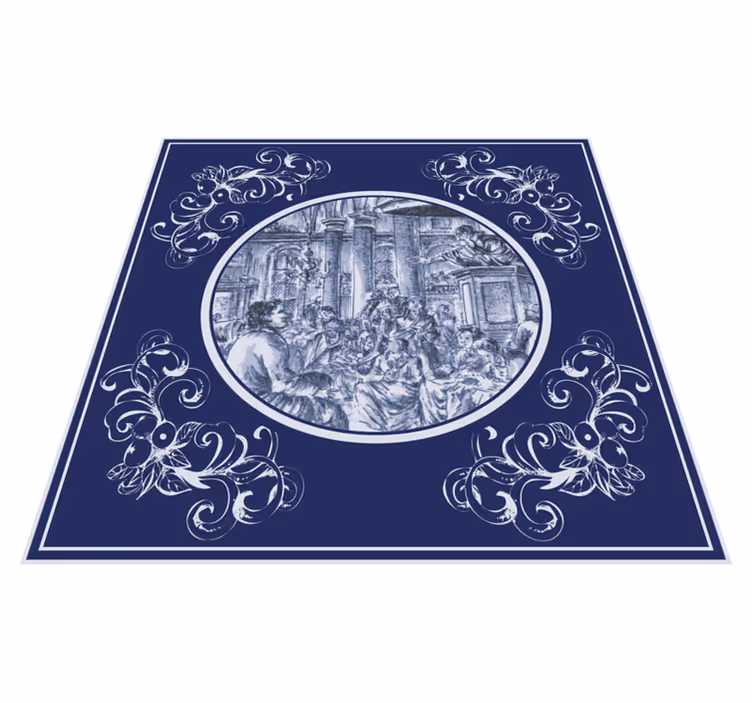 Blue delft crowd design kitchen vinyl rug - TenStickers