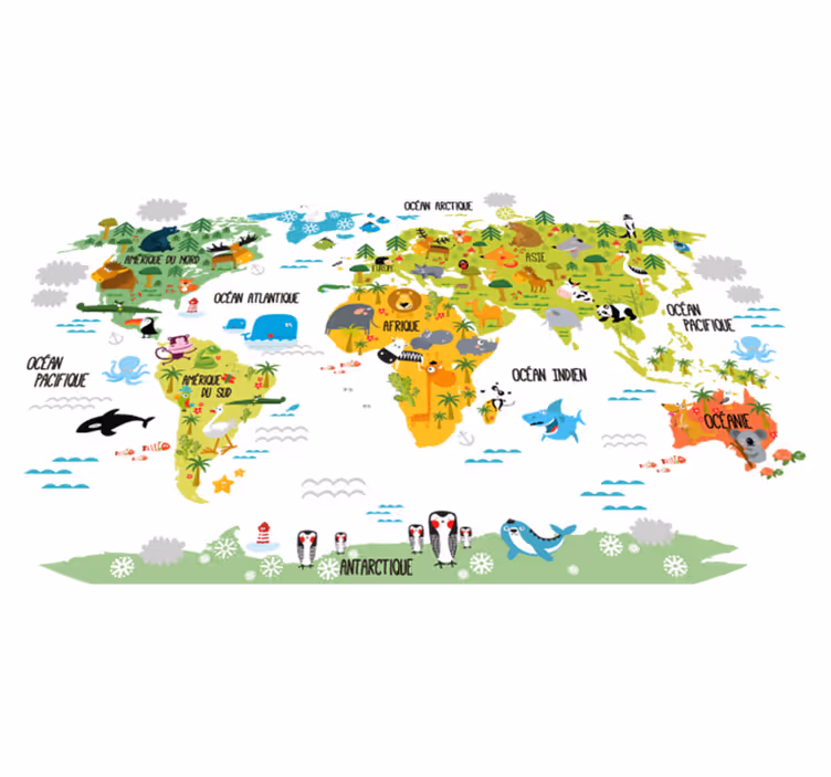 World map vinyl rug with animal designs for kids - TenStickers