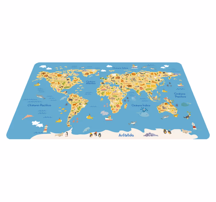 World map vinyl rug with animal illustrations - TenStickers