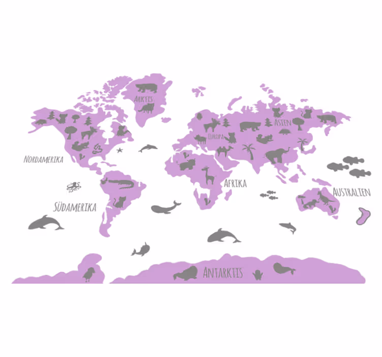 World map vinyl rug pink grey abstract continents animals - TenStickers