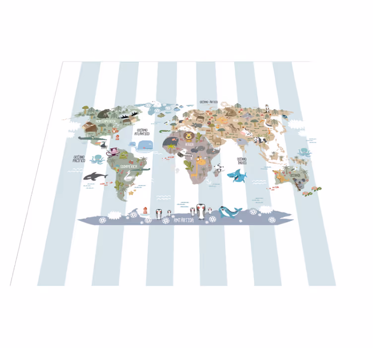 World map vinyl rug featuring animal illustrations - TenStickers