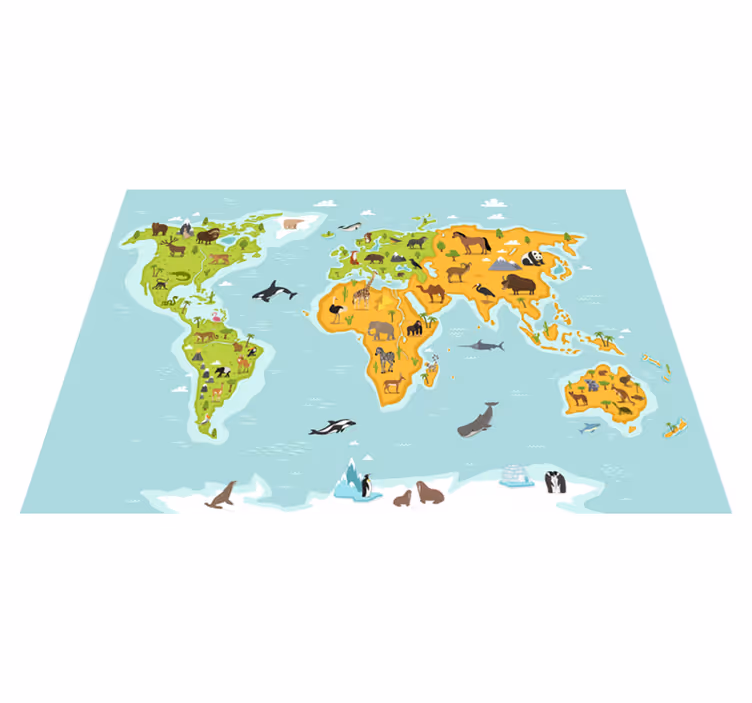 World map vinyl rug featuring wildlife and plants - TenStickers