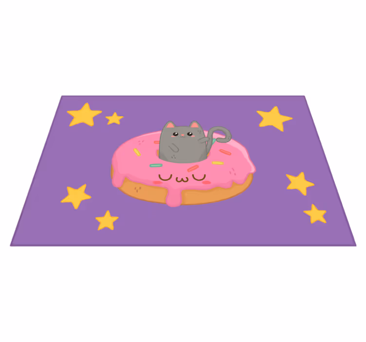 Purple vinyl rug with cat and donut design - TenStickers