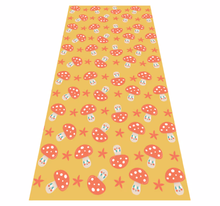 Orange vinyl rug featuring whimsical mushrooms on yellow - TenStickers