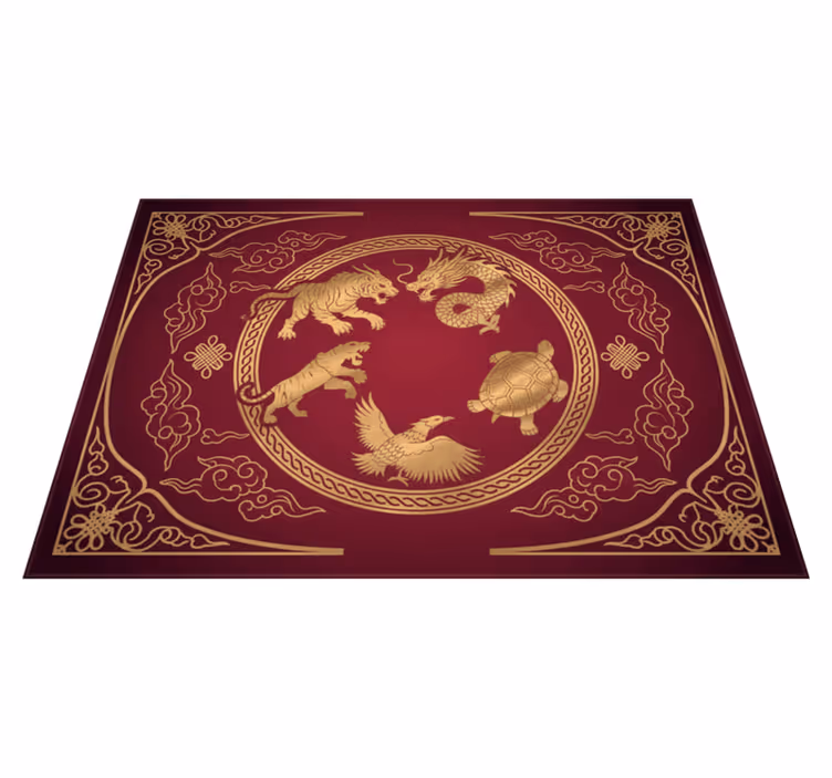 Red vinyl rug featuring the four symbols dragon tiger - TenStickers
