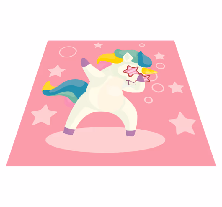 white dabbing unicorn with boom text animal rug - TenStickers