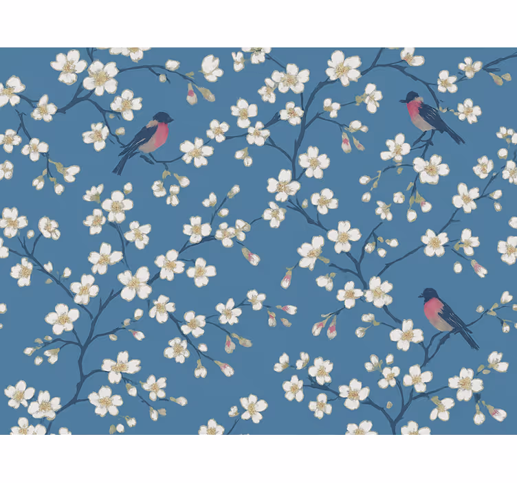 Flowers wallpaper blue orchard birds - TenStickers