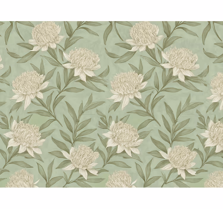 Living area wallpaper white protea-style flowers - TenStickers
