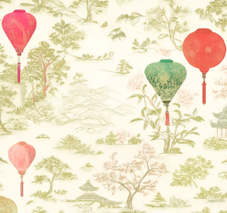 Oriental chinoiserie landscape wall paper in bedroom - TenStickers