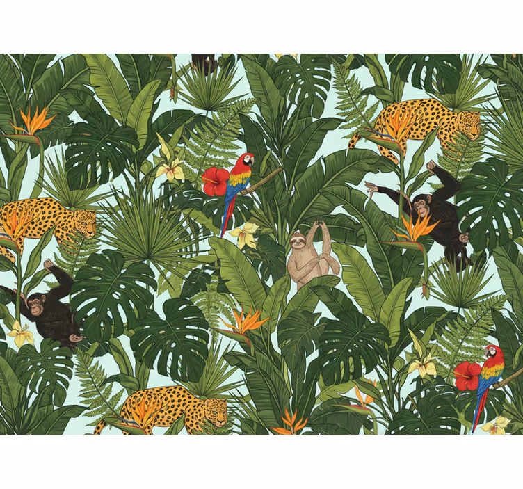 Jungle themed wallpaper featuring tropical animals - TenStickers