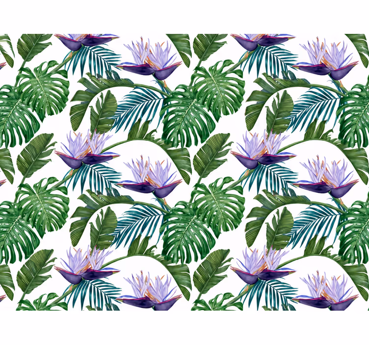 Leaves wallpaper with purple lily flowers - TenStickers