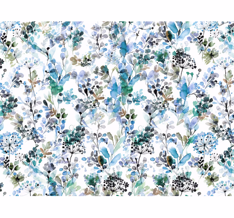 Leaves wallpaper with cozy blue flowers - TenStickers