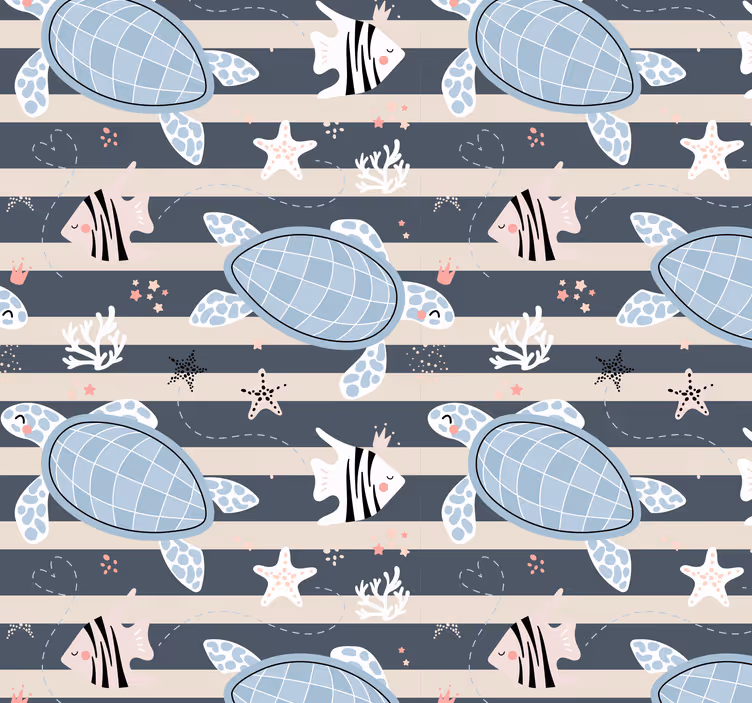 Turtles and stripes nautical bathroom wallpaper - TenStickers