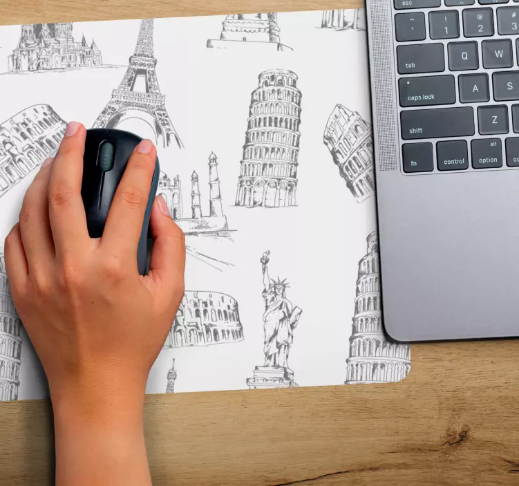 Famous Landmarks Sketch world map mouse pad - TenStickers