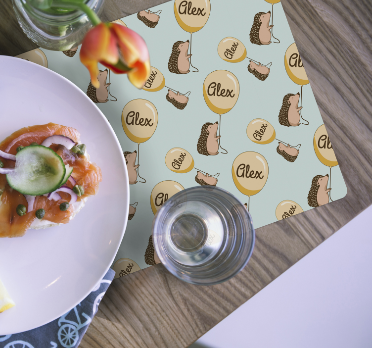 Hedgehog with balloons with name children placemats - TenStickers