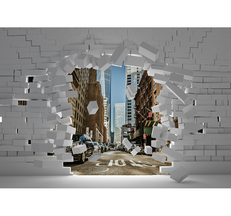Broken brick wall with New York skyline 3d wallpaper - TenStickers