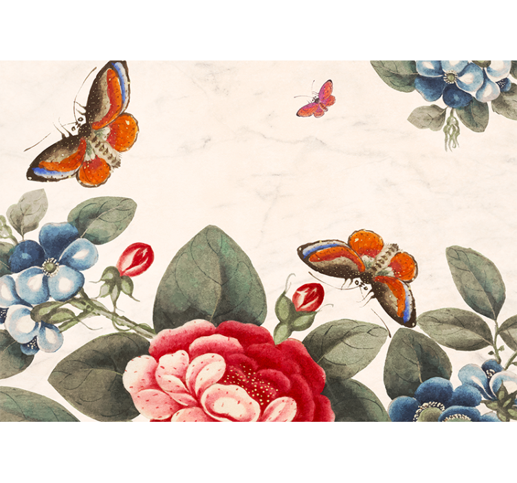 Flower wall mural with fluttering insects and blossoms - TenStickers
