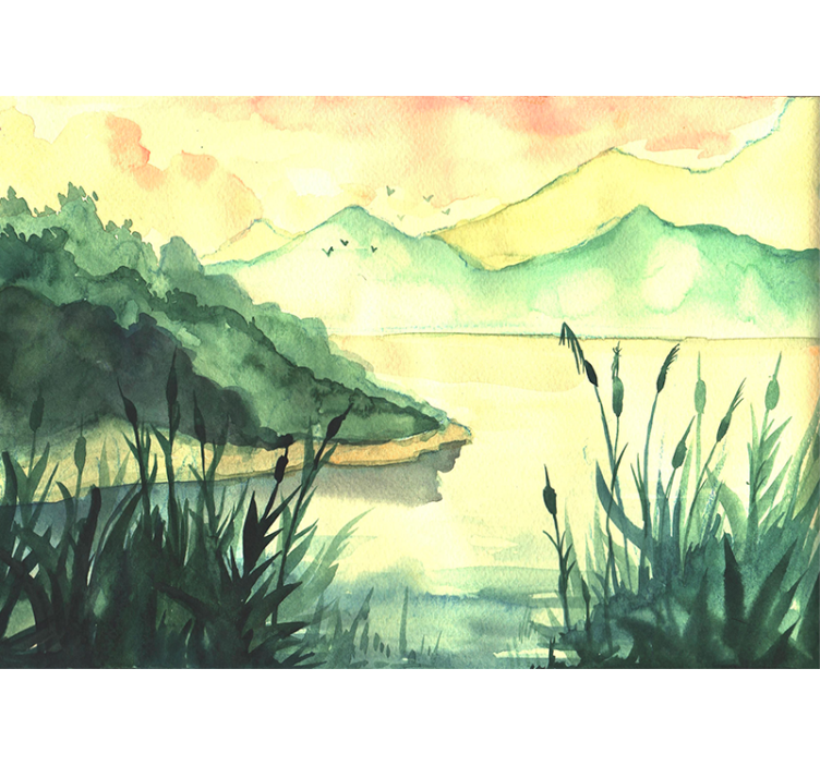 Serene handrawing landscape lake wall mural - TenStickers