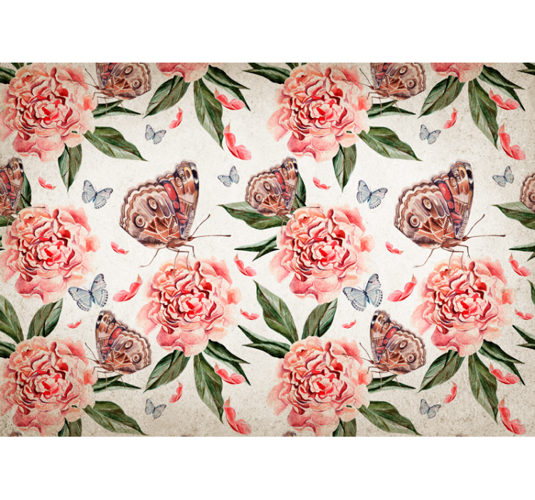 Flower wall mural butterflies and peonies - TenStickers