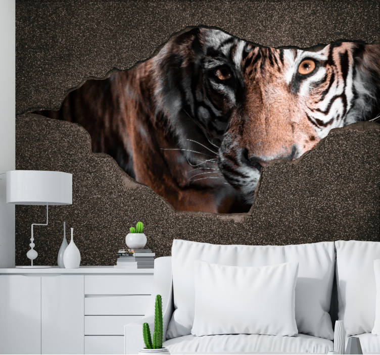 3D Tiger in Wall wall mural - TenStickers